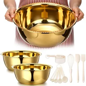 7 Psc Gold Mixing Bowls Set 13.4 Inches 8 Qt Large Stainless Steel Prep Bowl with Spatula Basting Brush Egg Whisk &10 Measuring Spoons for Baking Kitchen Mixing Serving Storage