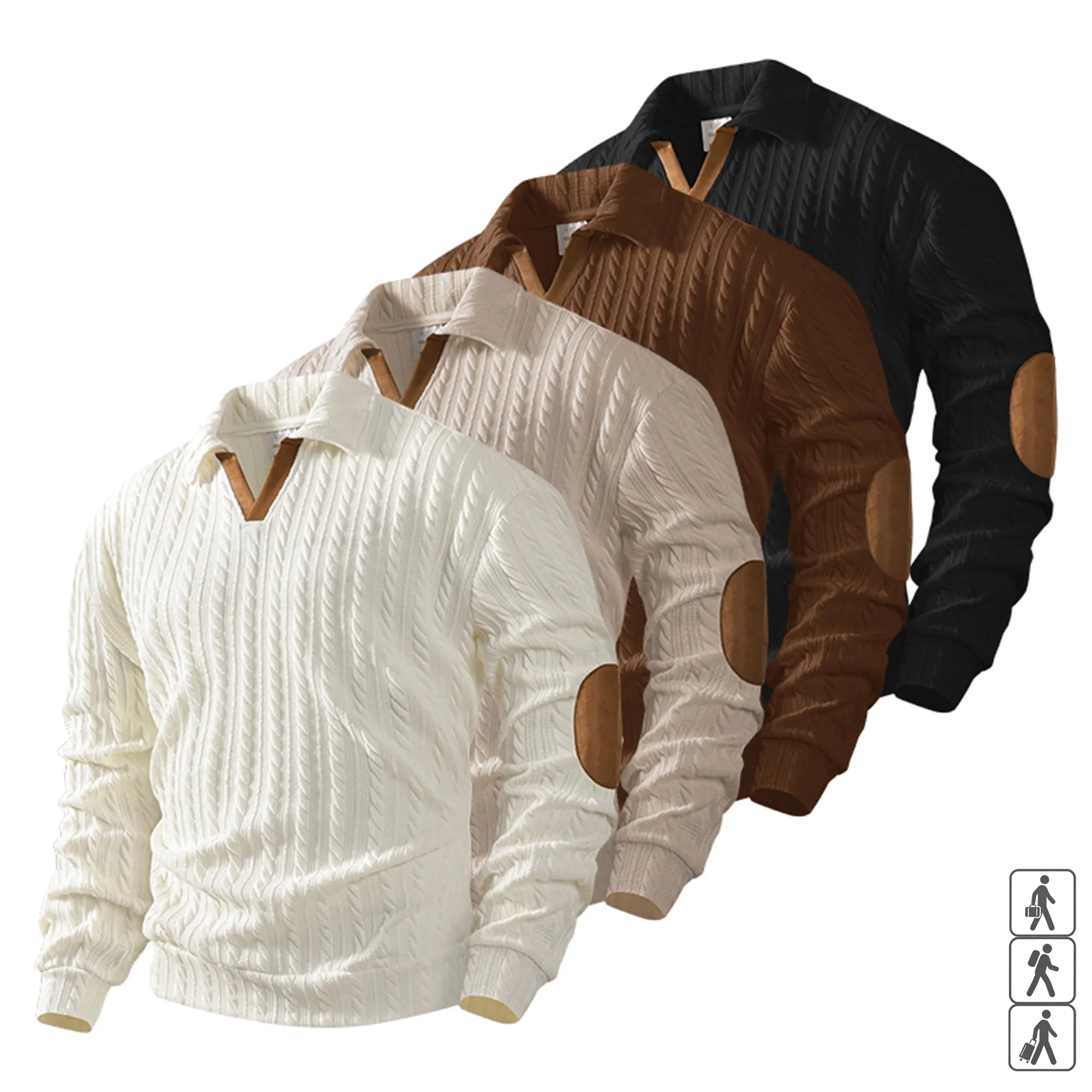 Men's Cable Knit Polo Sweater - Stretch Long Sleeve V-Neck Pullover, Leather Trim Collar & Elbow Patches, No-Logo, S-3XL, Fast US Shipping | Menswear, Casual Clothes, Longsleeves, All Seasons | Vintage Style, Knitwear