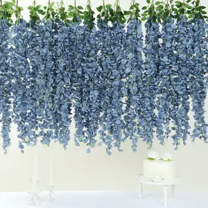 Artificial Silk Hanging Wisteria Flower Garland Vines in Dusty Blue, 5 Full Strands in 1 Bush - 42"