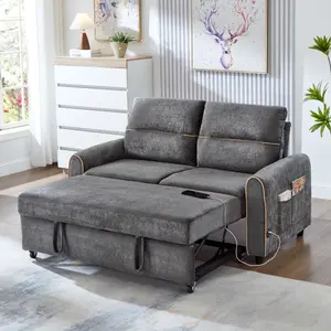 58''Sofa Bed, Sleeper Sofa,Chenille Pull Out Sofa Bed, Loveseat Sofa  with Adjustable 3 -Position Backrest, 4 Side Pockets and Charging Ports for Living Room, Gray