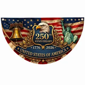 USA 250th Semiquincentennial 1776-2026 Polyester Semicircular Flag, Patriotic Half-Round Porch Banner, Lightweight Weatherproof Outdoor Decor for 2026 Independence Day Fourth of July Home Festive Supply