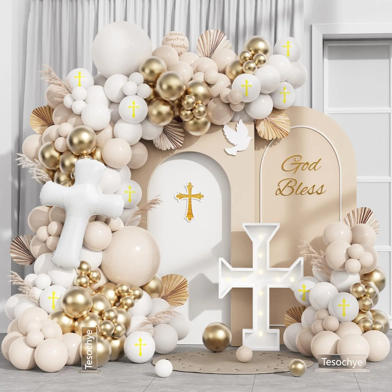 146-Piece Baptism Balloon Decor Kit - White, Sand Gold, Matte Neutral Nude Arch Backdrop with Curling Ribbon, Chain, Glue for First Holy Communion, Birthday Supplies, Arch Backdrop Balloons
