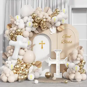 Baptism Theme Party Decorations Balloons Kit,146 Pcs White Sand Gold Matte Neutral Nude Balloons Arch for First Holy Communion Decorations God Bless Christening Party Birthday Supplies