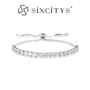 【V58】Zircon Bracelet for Women, Adjustable Bracelet with 18pcs 0.5CT Round Zirconia in White, Blue & Pink, 3 Color Options Tennis Style Gift