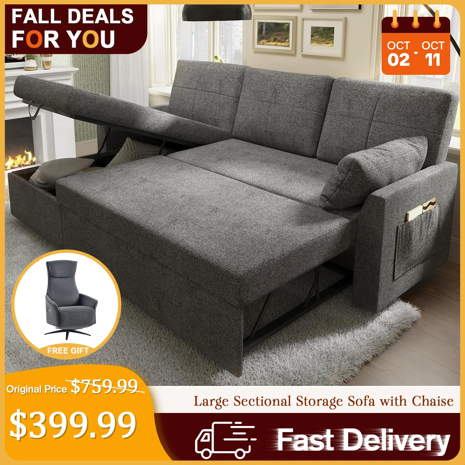 [TikTokShopfalldealsforyou]【Ships in 2 Boxes】AMERLIFE L-Shaped Sectional Storage Sofa with Chaise, Reversible Sleeper Sofa Bed, 2-in-1 Pull Out Couch