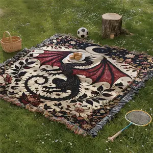 Yarn Woven Picnic Blanket with Tassel, Outdoor Picnic Blanket, Red Dragon Pattern, Soft and Breathable, Multi Purpose for Travel, Camping, Beach Towel, Weddings, Indoor Bohemian Decoration, Bed Blanket, Sofa Towel, Tablecloth