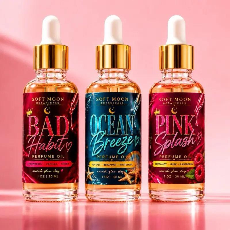 Soft Moon Botanicals Women's Long-Lasting Perfume Oil 3-Pack - Bad Habit, Ocean Breeze & Pink Splash, Strawberry Vanilla Amber, Bergamot Musk Raspberry, Sea Salt White Musk Scented Body Oils, Fragrance Layering Gift Set, PerfumeOil,