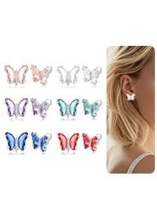6 Pairs Butterfly Shape Crystal Clip on Earrings Non Pierced Stud Multicolored CZ Cubic Zirconia Earrings for Women Silver Gold Tone Cz Dainty Earrings