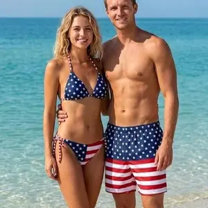 Couple Matching Swimsuit Set, Patriotic Vacation Outfits, Honeymoon Beachwear, Red White Blue Flag Bikini & Trunks, USA Souvenir Gift