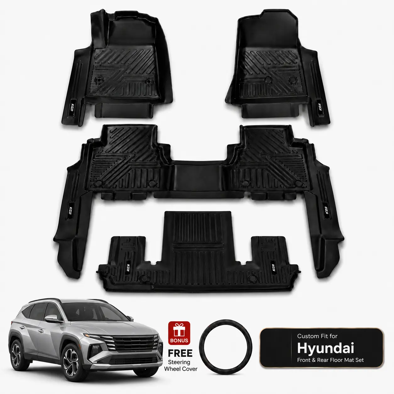 Pre-Cut All Weather TPE Car Interior Floor Mats Full Set, Waterproof Anti-Slip Deep Dish Grooved Liners for Hyundai, Complete Driver-Passenger-Rear Kit with Free Steering Wheel Cover