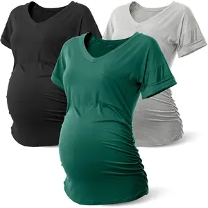 Long Enough Maternity Shirts Short Sleeve Summer Pregnancy Tops& Tees Clothes V Neck Casual Outfits for Women 3 Pack