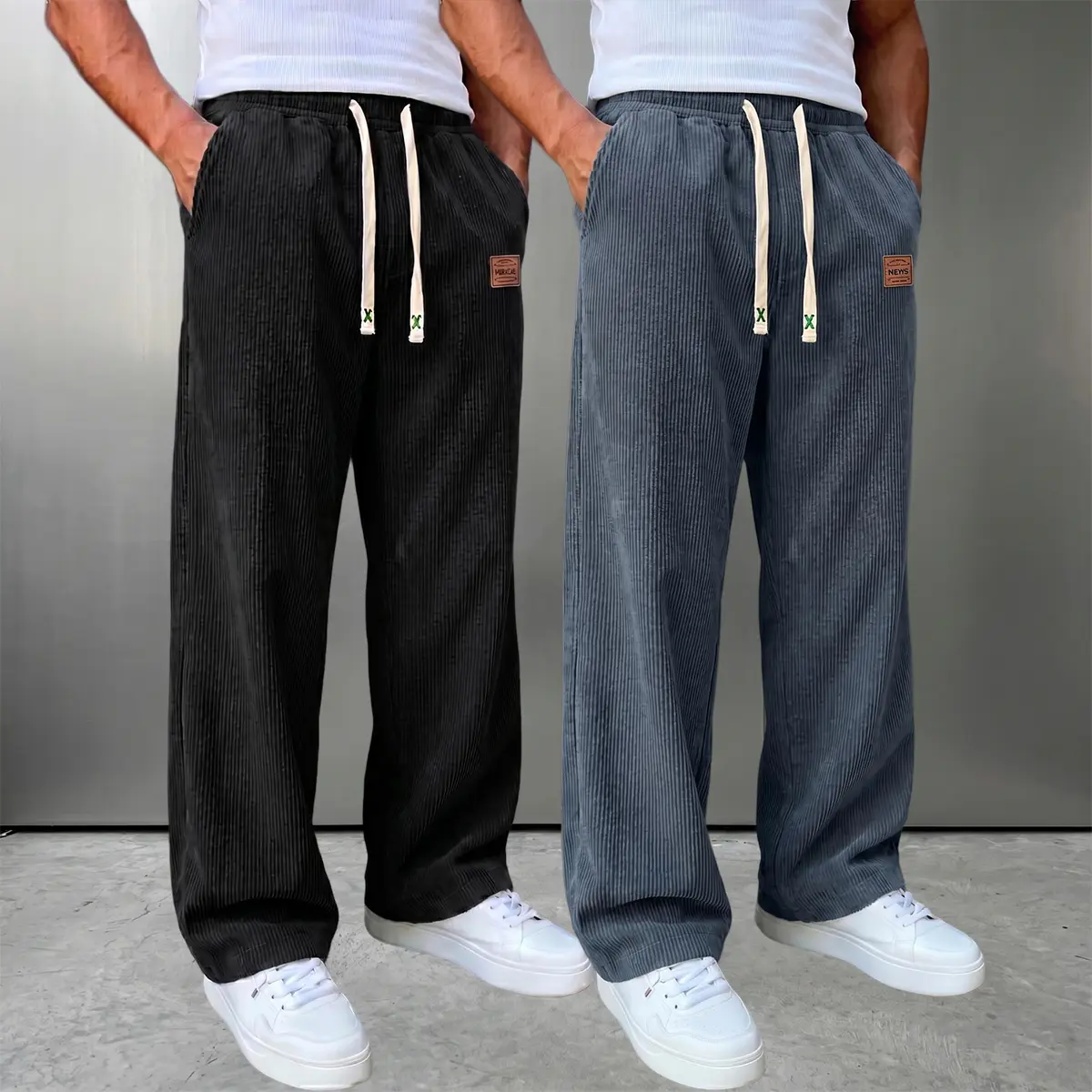 Menswear Men's Regular Fit Plain Corduroy Casual Long Pants, Minimalist Leather Label Design, All-Season, Suitable for Everyday Workouts, Outdoor Activities