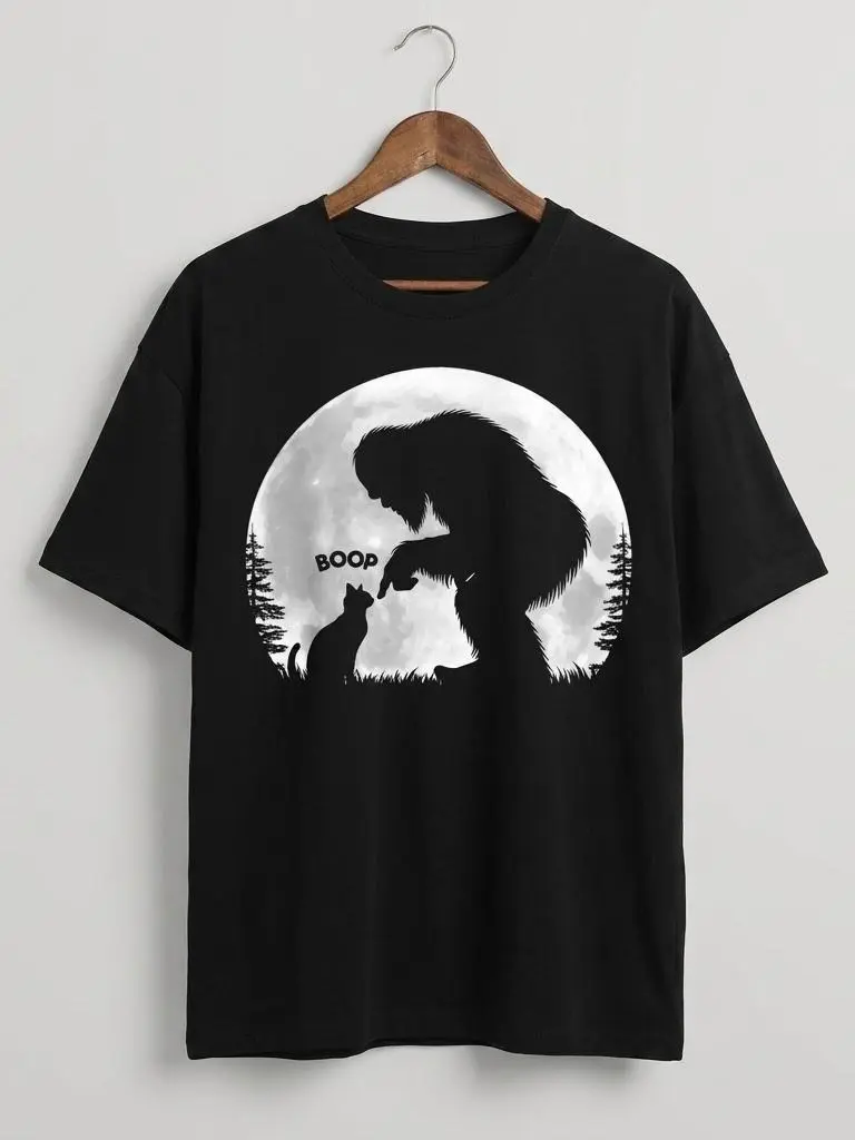 Funny Bigfoot Cat Graphic T-Shirt Sasquatch Moon Cat Lover Unisex Gift Tee