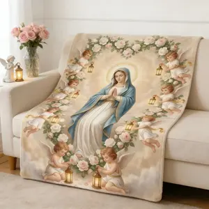 Virgin Mary with Cherubs & Rose Wreath Flannel Blanket  Soft Blankets, Perfect for Home Bedroom Bed Sofa Picnic Travel and Office Use Ideal for Holiday Gifts.
