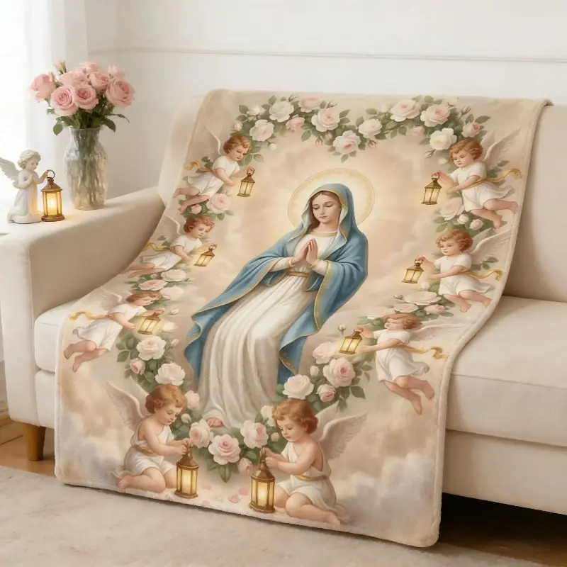 Religious Virgin Mary with Cherubs & Rose Wreath Print Soft Flannel Blanket - Small Blanket 30x40 & 40x50, Wrinkle Resistant, Machine Washable, Mom & Boys Gift, Cozy Home Room Use