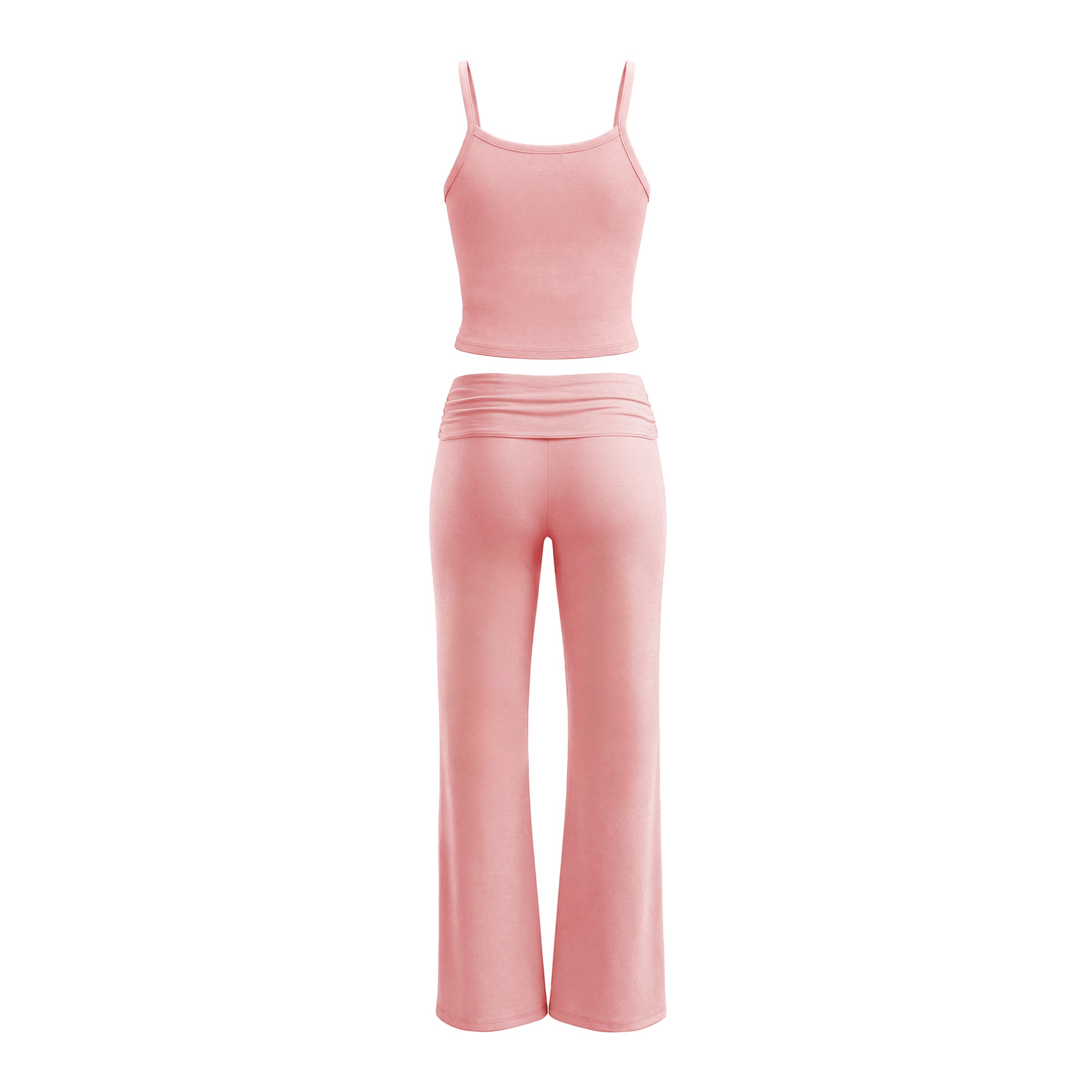KatchMe Women's Casual Solid Color Lace Trim Ribbed Camisole & Folded Waist Slightly Flared Trousers Co-ord, Basic Thin Strap Top & Trousers Two Piece Sets