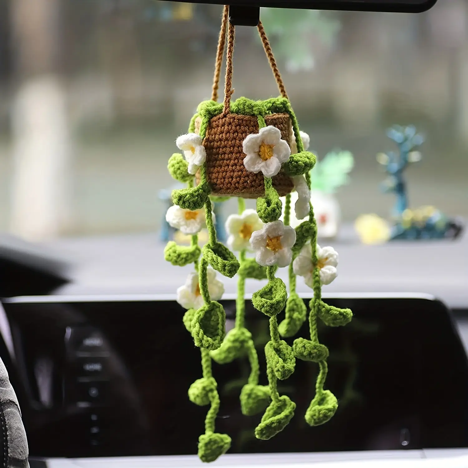 Adorable Crochet Hanging Basket for Potted Plants, Car Decoration Hanging Basket, Car Accessory, Hand-knitted Car Decor, Rearview Mirror Accessory