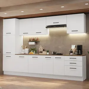 Madesa Hazel Kitchen Set 126" L Pantry Storage 3 Drawers 3 Wall Cupboards 3 Base Cabinets Engineered Wood Multiple Compartments Organization Unit - White