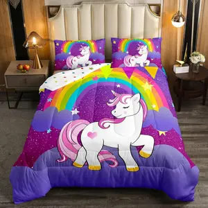 Girls Unicorn Comforter Set Twin Girls Bedding Set Cute Rainbow Unicorn Print Down Comforter Kids Cartoon Kawaii Duvet Insert Galaxy Stars Fantasy Room Decor Children Reversible Purple