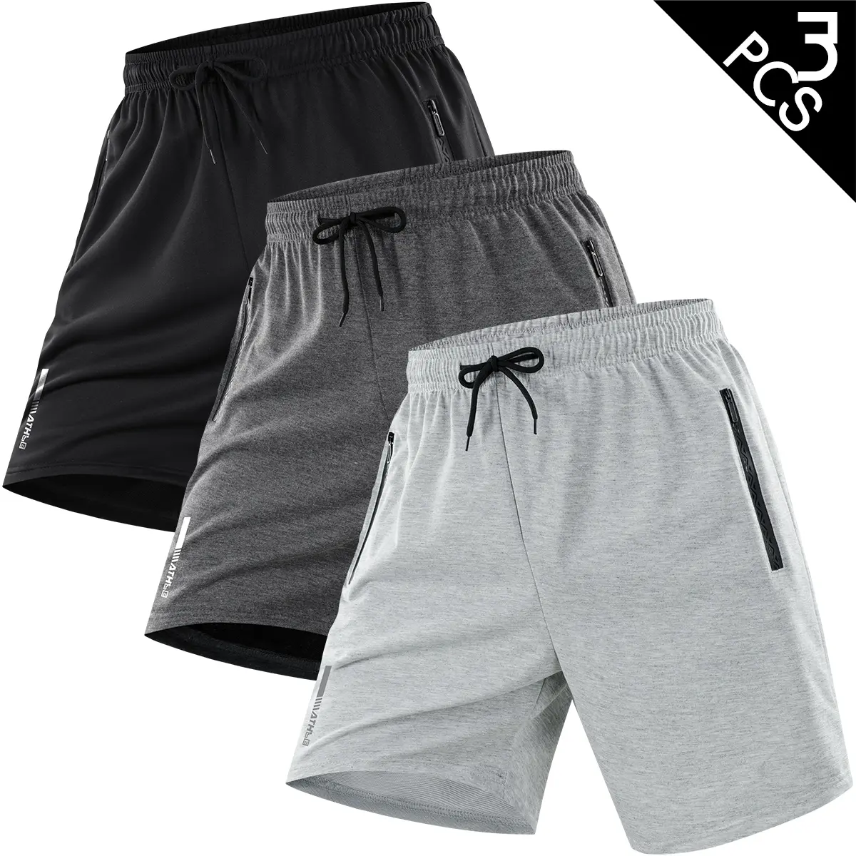 3PCS Men's Casual Jersey Shorts, Elastic Waist Drawstring Shorts with 2 Side Zipper Pockets