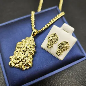 Unisex Luxury Gold Plated Golden Nugget Pendant & 24" Brass Cuban Chain Necklace & Earrings Gift Set Daily Birthday Engagement Wedding Anniversary