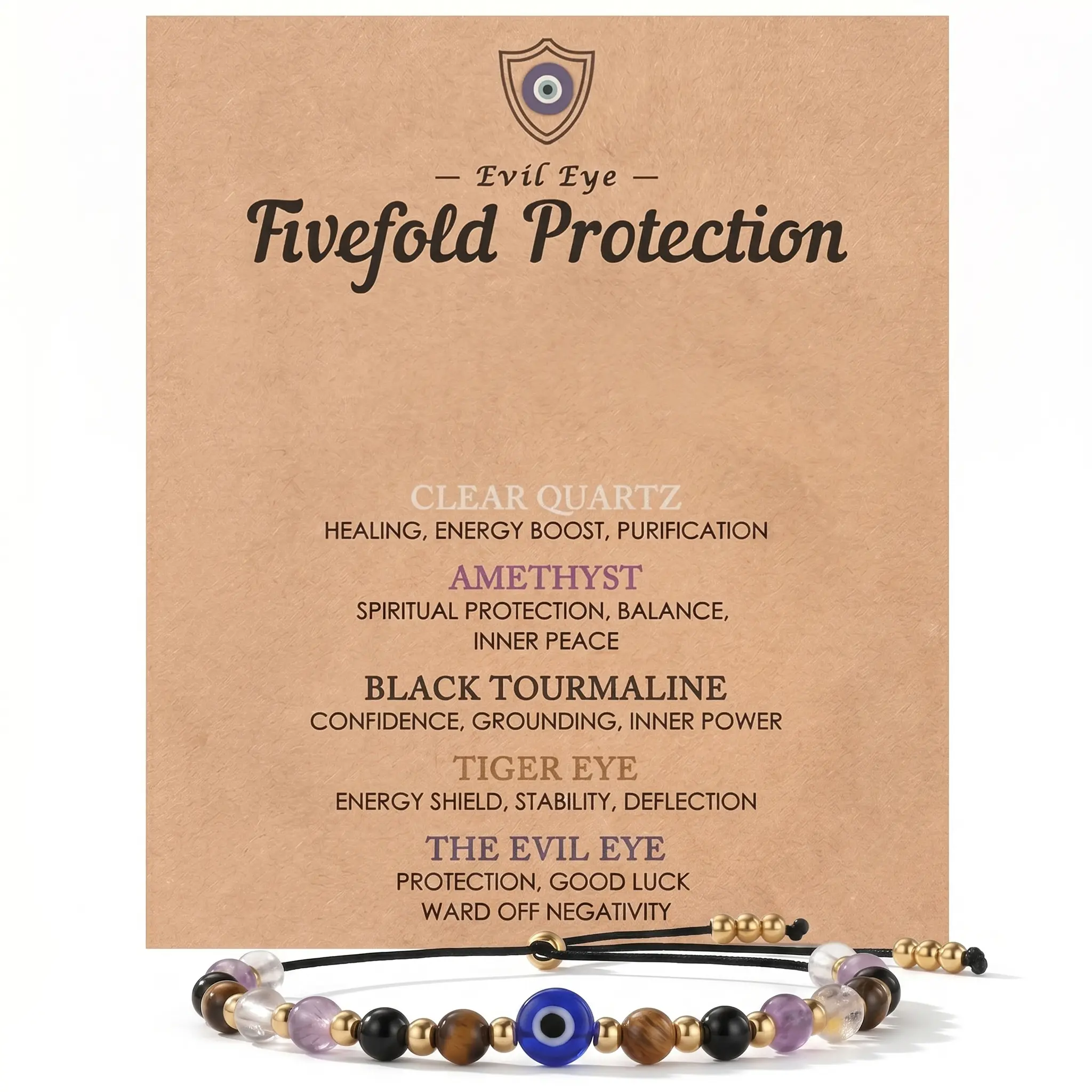 Dainty Evil Eye Bracelet for Women - Natural Crystal Protection Stackable Bracelet with Amethyst Black Tourmaline & Tiger Eye Adjustable Spiritual Guardian Jewelry Gift with Meaning Card backtoschool