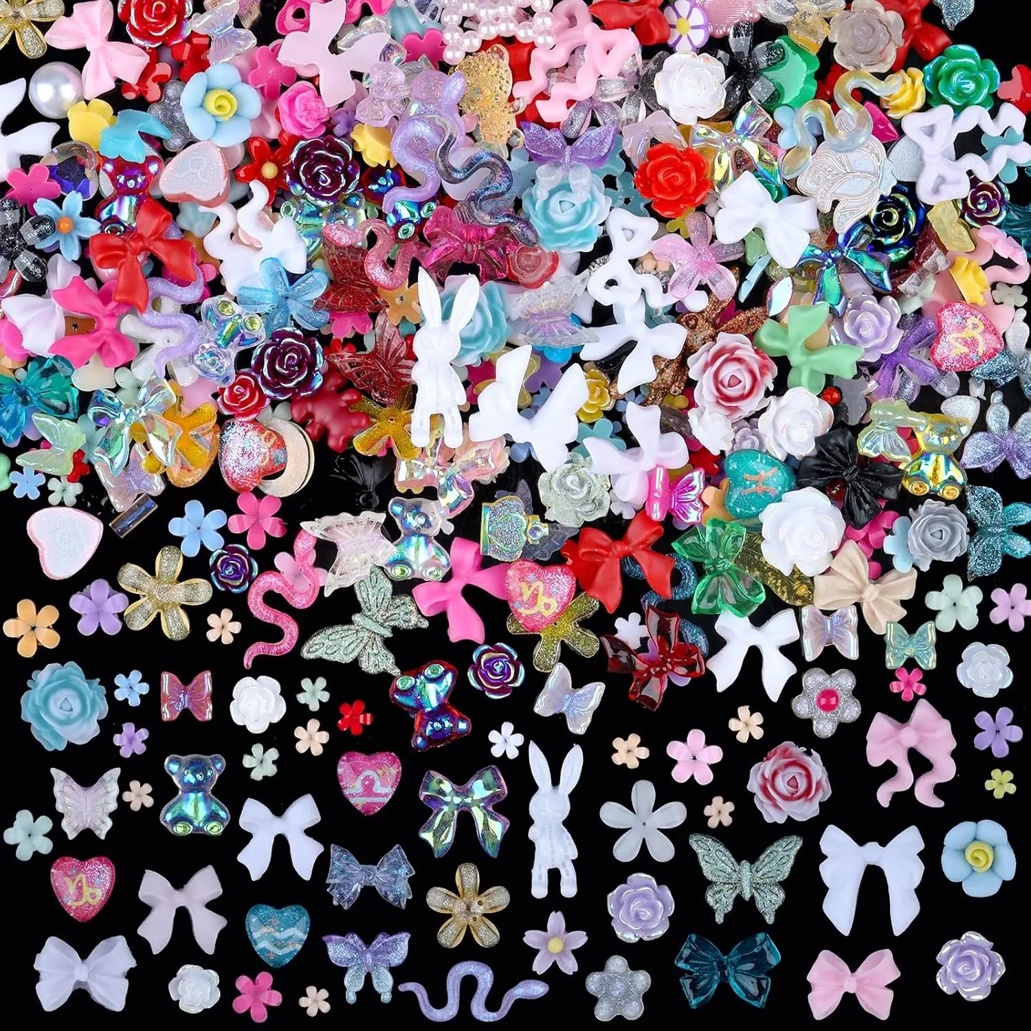 Halloween Fall Gift  300 Pieces 3D Mix Assorted Resin Nail Charms Hollow Pearl Heart Nail Art Charms Gems Gummy Bear Star Heart Flowers Acrylic Beads