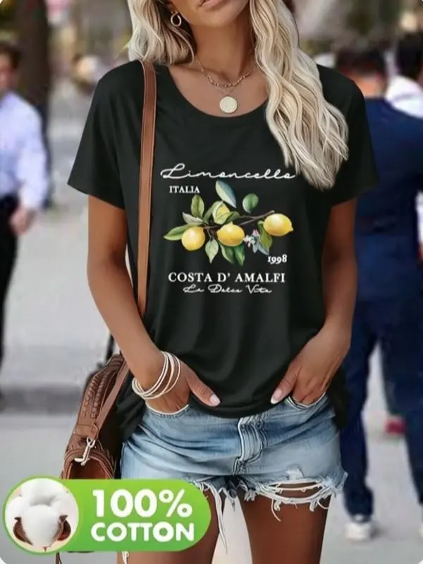 Women's 100% Cotton Casual Short-Sleeve T-Shirt - Limoncello Italia Costa D'Amalfi Lemon Branch Vintage Script, Breathable, Comfortable, Everyday Summer Cool Top, Shortsleeve, Outfits, Piece