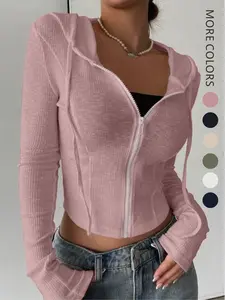 Spring Summer Long Sleeve Knit Sweater Fashion Casual Open Front Top Slim Fit Sporty Womenswear Lady Hoodie Sweatshirts Short Zipper Hooded Pullover Casual Drawstring Hooded