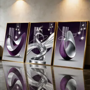3Pcs Aluminum Alloy Framed Painting, Abstract Silver And Purple Geometric Art Picture, Home Decoration For Living Room, Bedroom, OfficeWall Decor, Odorless Print Artwork, Luxury Perfect Gift For Friends And Family