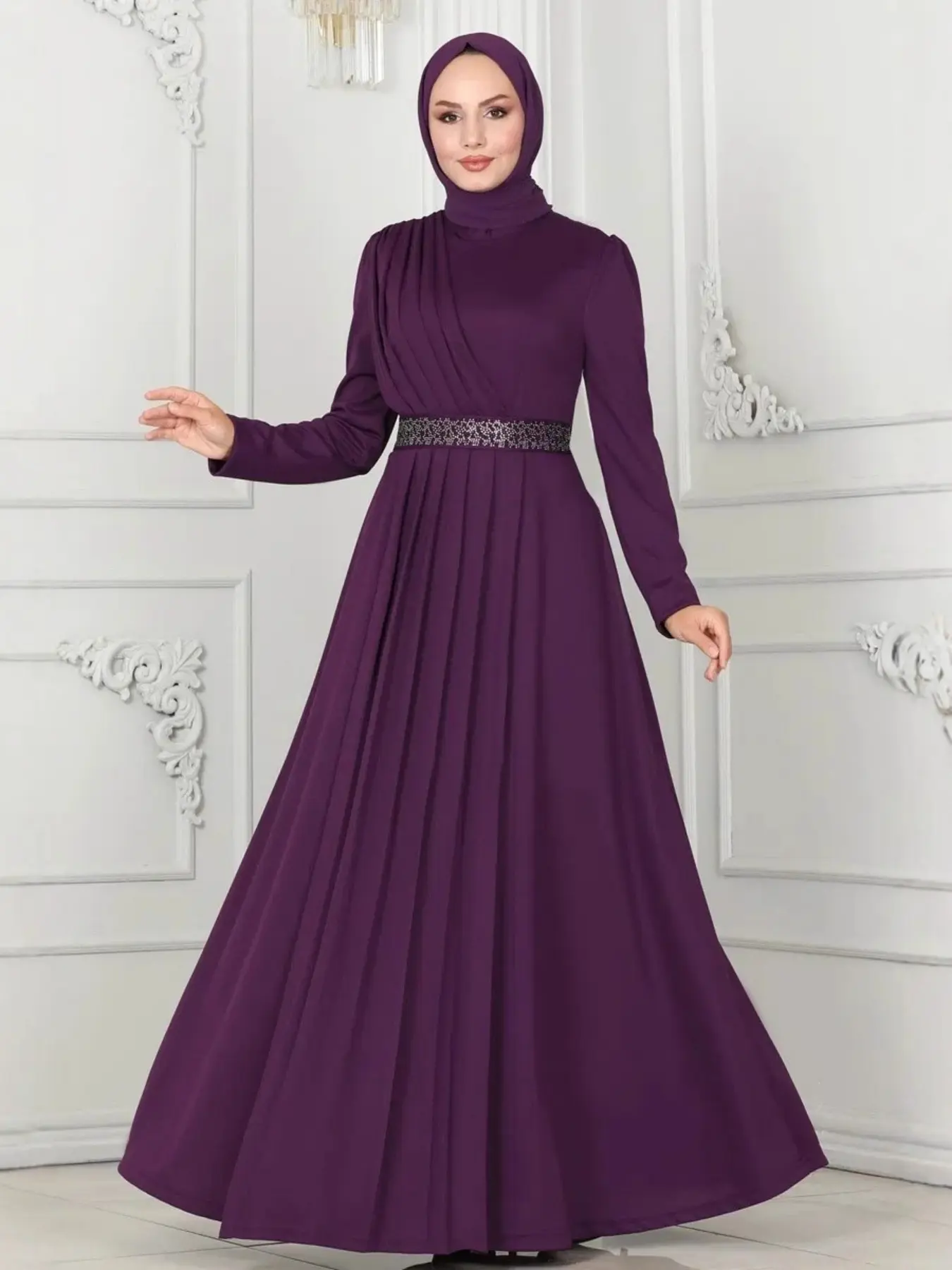 Elegant High-Quality Long Robe Dress for Women, Muslim Modest Evening Dress, Simple Solid Color Tie Waist Design, Wrinkled Formal Evening Wear - TikTok Shop Elegant High-Quality Long Robe Dress for Women, Muslim Modest Evening Dress, Simple Solid Color Tie Waist Design, Wrinkled Formal Evening Wear - TikTok Shop
