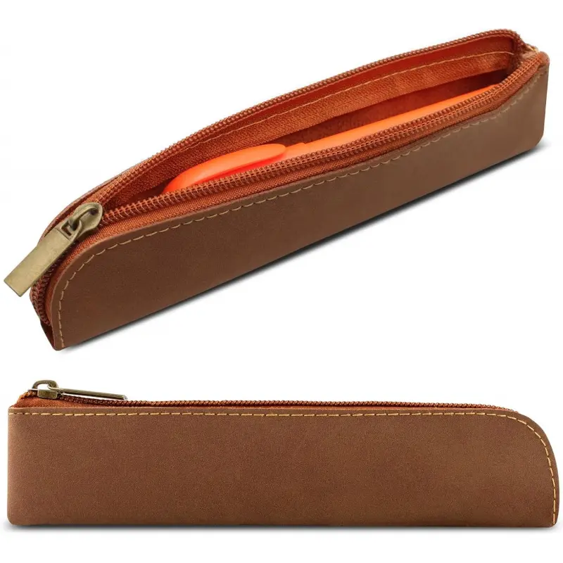 Faux Leather Pen Holder Pouch, Zippered Closure Portable Compact Stationery Organizer Bag, Premium Storage for Business Professionals - L