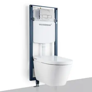 WOODBRIDGE  Intelligent Compact Elongated Dual-flush wall hung toilet with Bidet Wash Function, Heated Seat & Dryer. Matching Concealed Tank system and White Marble Stone Slim Flush Plates Included.LT611 + SWHT611+FP611-WH