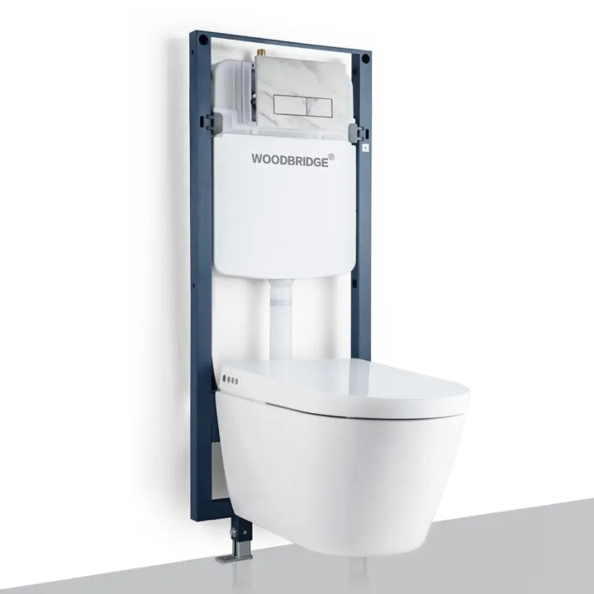 WOODBRIDGE  Intelligent Compact Elongated Dual-flush wall hung toilet with Bidet Wash Function, Heated Seat & Dryer. Matching Concealed Tank system and White Marble Stone Slim Flush Plates Included.LT611 + SWHT611+FP611-WH