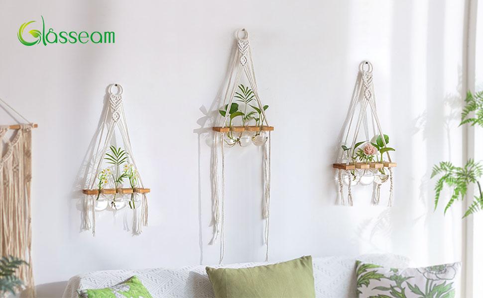 Glasseam Hanging Macrame Propagation Stations: Wall Window Glass Propagation Vases for Hydroponics Plants - Boho Decor Small Plant Terrarium Jars - Gifts for Women Mom Plants Lovers
