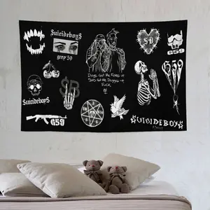 Dark Aesthetic Wall Tapestry, Gothic Skeleton Cherry Design, Y2K Grunge Room Decor, Black and White Horror Art, Emo Rap Wall Hanging Decor, Punk Rock Aesthetic, Dorm Room Essential