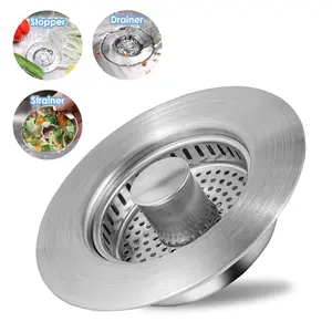 SUS304 Stainless Steel Upgraded 3 in 1 Kitchen Sink Drain Strainer and Stopper, Standard 3-1/2'' Drain, Easy-to-Operate with One-Button Control