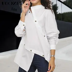 UOOZEE Women's Asymmetric Buttoned Front Slit Long Sleeve Blouses&shirts Tops, 100% Cotton Slightly Sheer and Non - Elastic Comfort Shirt, Daily Casual Simple Autumn Commuter Blouses&shirts Tops