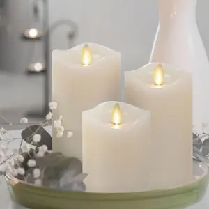 by Luminara Set of 3 Flameless LED Flickering Moving Flame Pillars (3" x 4.5", 5.5", 6.5"), Melted Unscented Real Wax Edge w/Smooth Finish,   Operated,