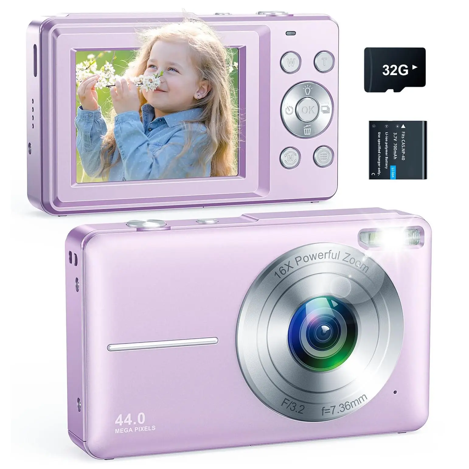 Digital Camera with 32G SD Card, Full HD 1080P Screen Video Camera, Purple/Pink Design 44MP Point & Shoot Camera with 16X Zoom Anti Shake for Gift, Le