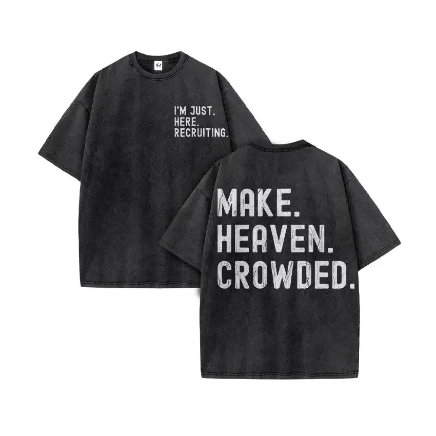 ZestLoopUnisex Make Heaven Crowded Print Acid Washed T-shirt Plus Size Breathable Tshirt