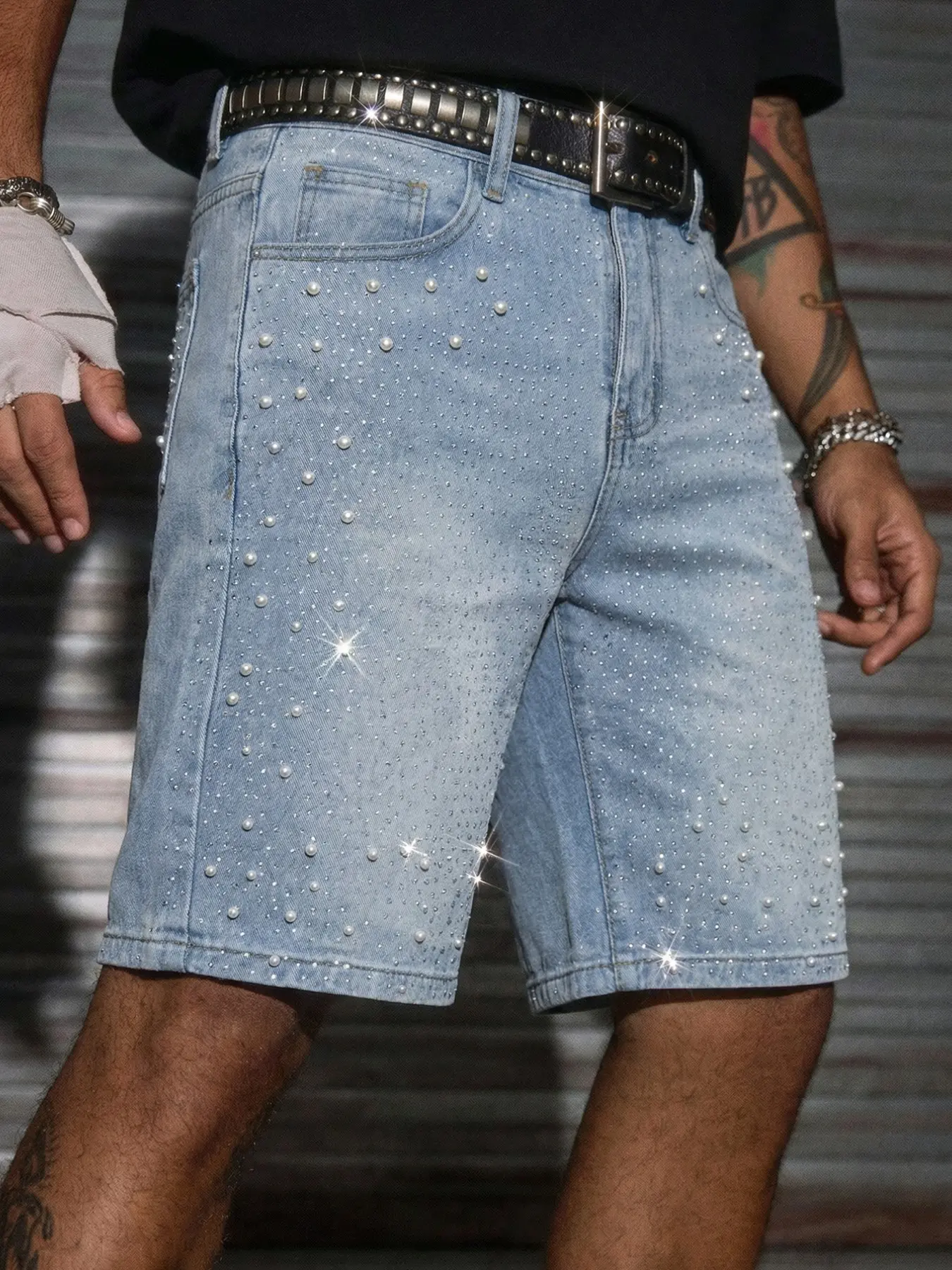 Original Rhinestone Pearl Denim Pocket Summer Shorts, Washed Vintage Pearl Pants, Trendy Fashion Stylish Casual Classic Men's Shorts, Chic Shorts, Fashionable Summer Shorts, Loose-Fitting Baggy Plain Design
