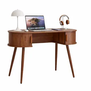 Giratree 43" Wood Writing Desk with Sliding Door Hide Storage, MCM Home Ofiice Fluted Desk with Unique Design - Make You Leg Free, Small Table with Metal Leg for Study, Vanity, Light-Work