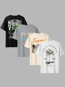 Men's 4-Piece Beach Tropical Coconut Tree Print Round Neck Short Sleeve T-Shirt Set, Casual Streetwear Comfortable Summer Outdoor Wear