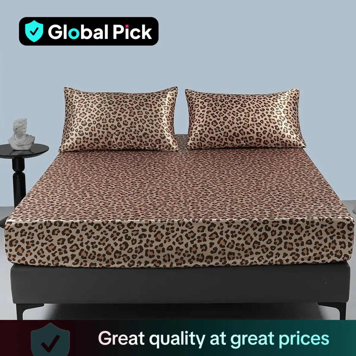 Satin Leopard Print Bedding Set, 3 Counts Including 1 Count Soft Comfortable Fitted Sheet & 2 Counts Pillowcase without Filler, Bed Linens, Room Acces