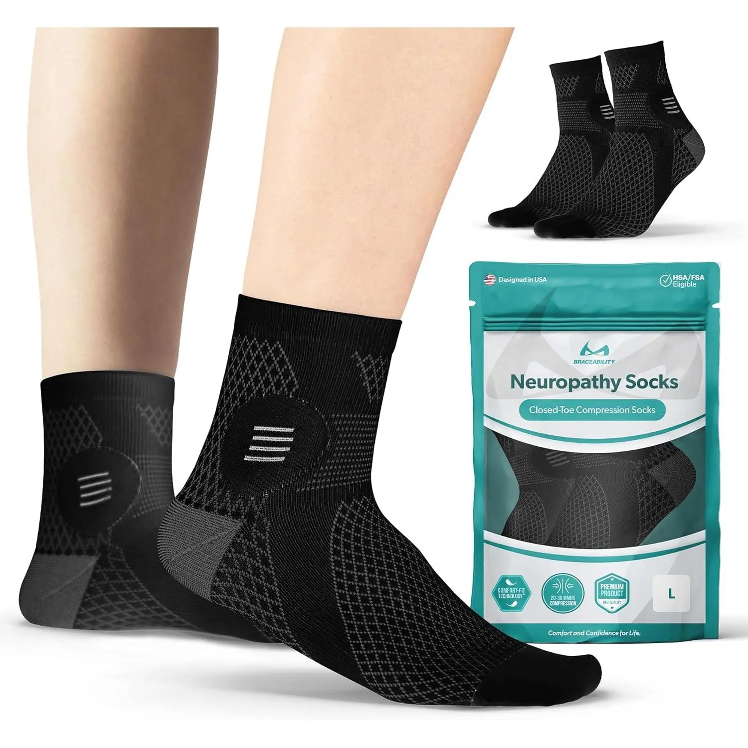 Diabetic Socks - Closed Toe Neuropathy Socks for Women and Men, Foot Pain Relief, Circulation, Anti-Neuropathy, Foot Fatigue, Compression Nerve Support – 1 Pair (Large Black)