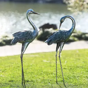 Garden Crane Statue for Outdoor, Blue Heron Decoy Garden Sculptures and Statues, Metal Bird Yard Art for Lawn Patio Decor, Set of 2