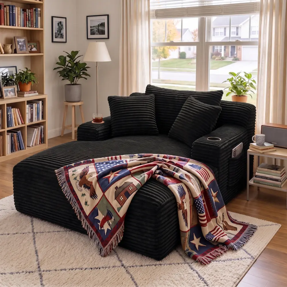 66-Inch Upgraded Oversized Chaise Lounge Chair with 2 Cup Holders, Corduroy Boneless Sofa with Deep Seat for Living Room, Bedroom & Cozy Home