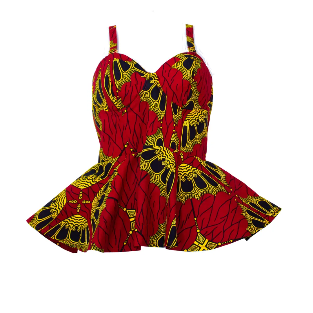 Red Ankara Peplum Shirt Cotton Casual