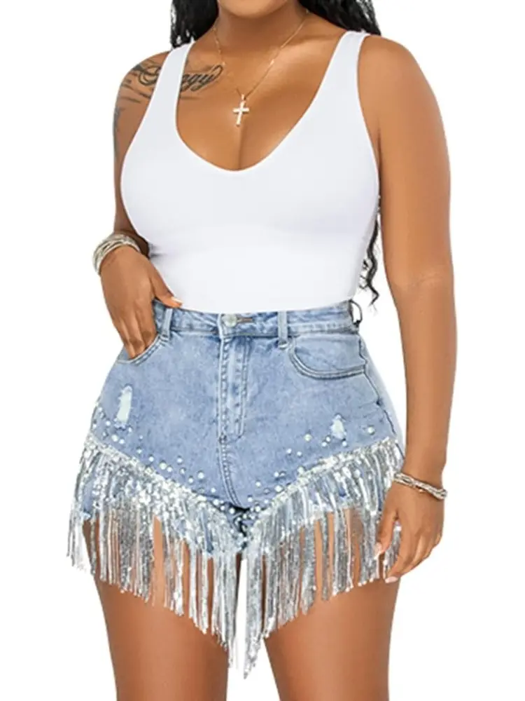 Women's High Waisted Denim Shorts with Silver Sequin Fringe and Pearl Beading Distressed Frayed Hem Jean Shorts Clubwear Festival Party Outfits Cowgirl Style Fabric